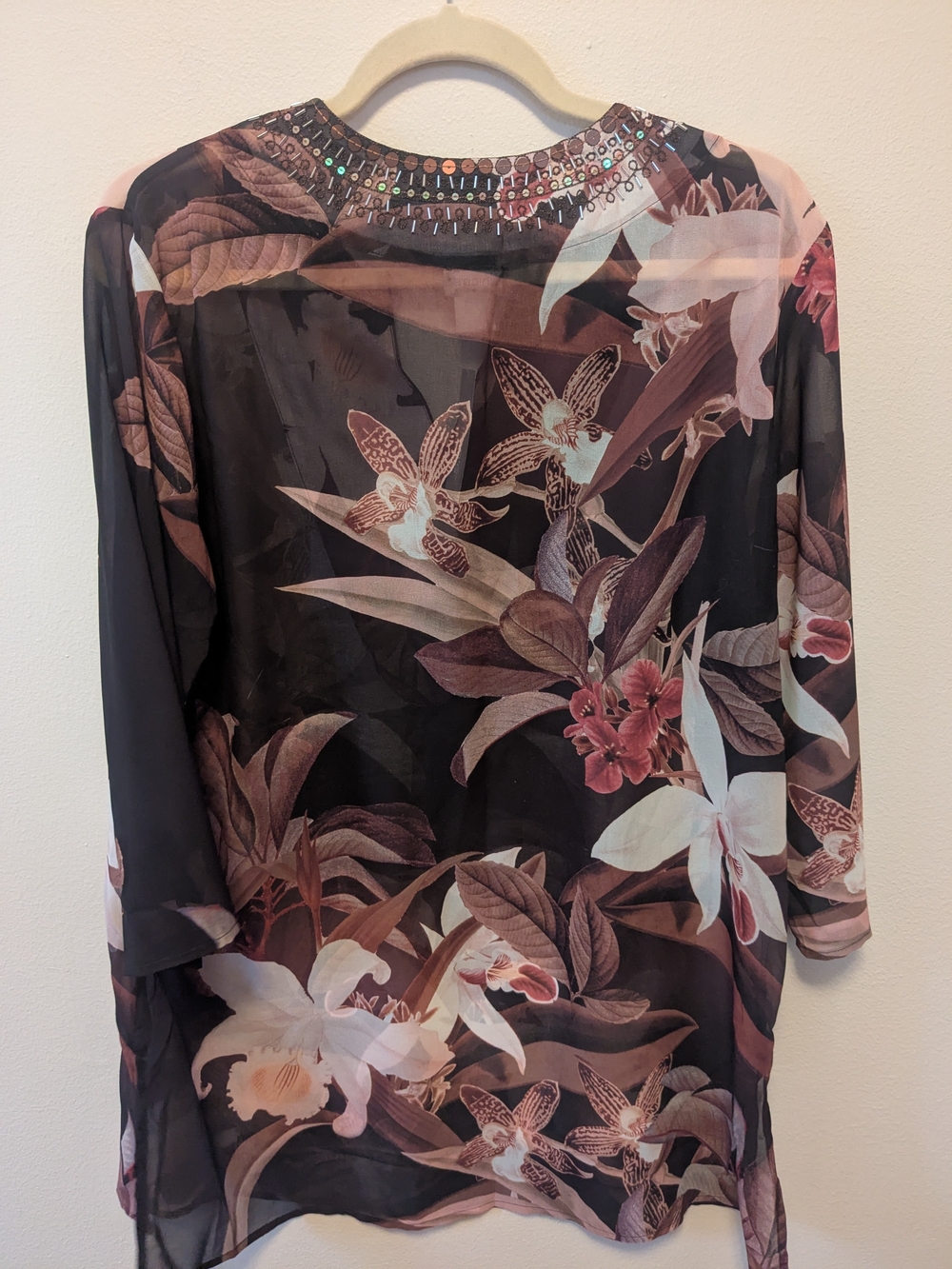 Chico's Brown Floral Sheer Tunic with Brown, Cream & Pink Accents